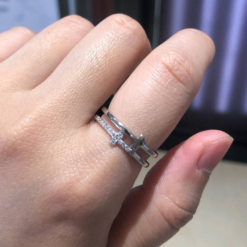 T形排戒S925银镀白金Women's Ring定制选款副石Moissanite0.1ct